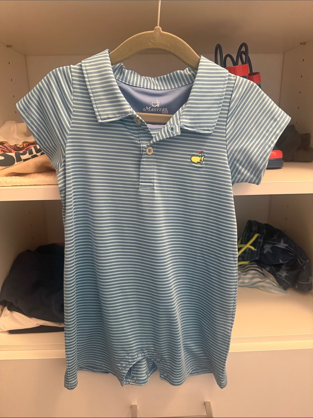 Masters Light Blue and White Striped Polo Romper